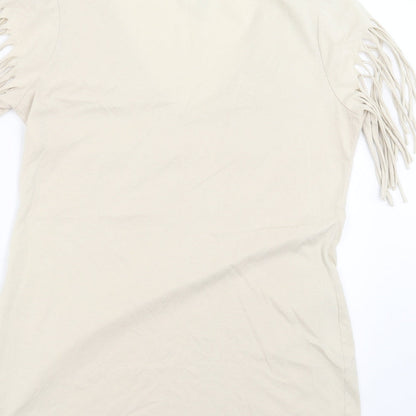 Brand and care label for Evie women’s beige basic t-shirt, size UK 16, - beaded detail