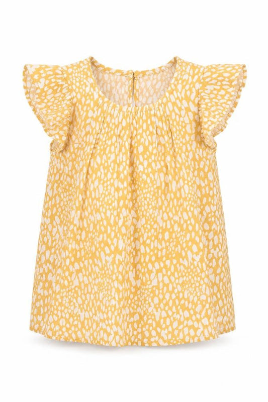 Front view of Primark girls’ yellow animal print basic blouse, size 3-4, years