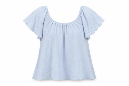Front view of Atmosphere women’s blue basic t-shirt, size UK 12