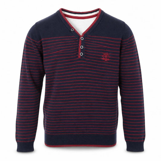 Front view of Rebel Athletic boys’ red striped knit jumper, size 11-12, years
