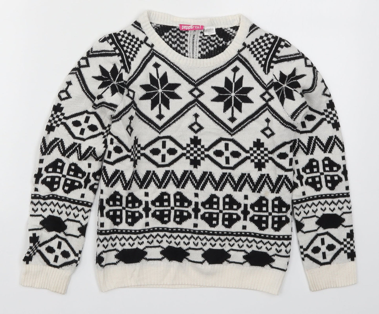 Pepperts Girls White Geometric Knit Pullover Jumper Size 6-7 Years  - Black and White