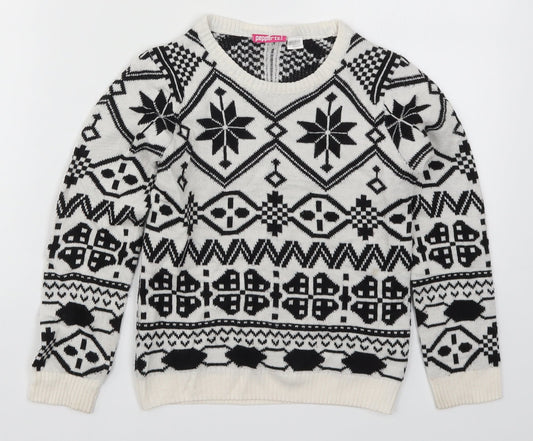 Pepperts Girls White Geometric Knit Pullover Jumper Size 6-7 Years  - Black and White