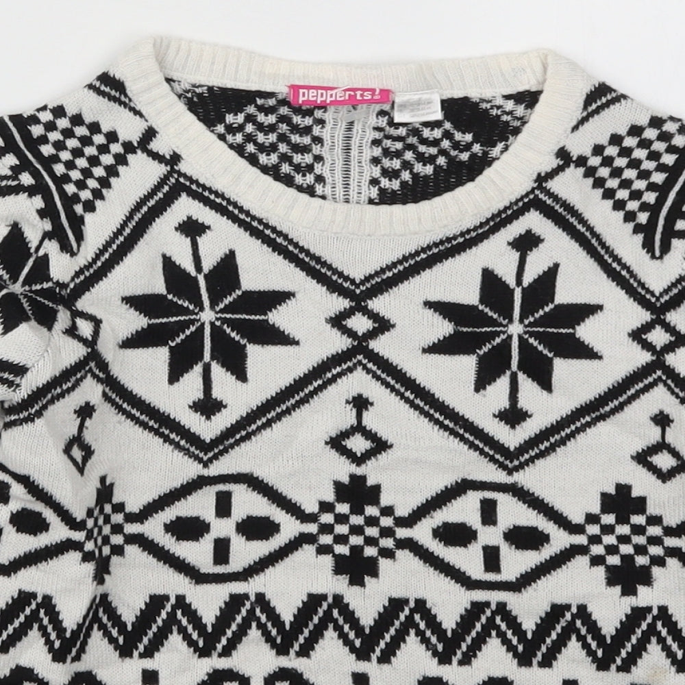 Pepperts Girls White Geometric Knit Pullover Jumper Size 6-7 Years  - Black and White
