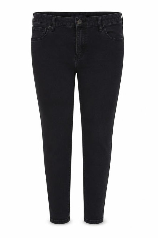Front view of Denim & Co. women’s black denim skinny jeans, size UK 14, 27-inch leg