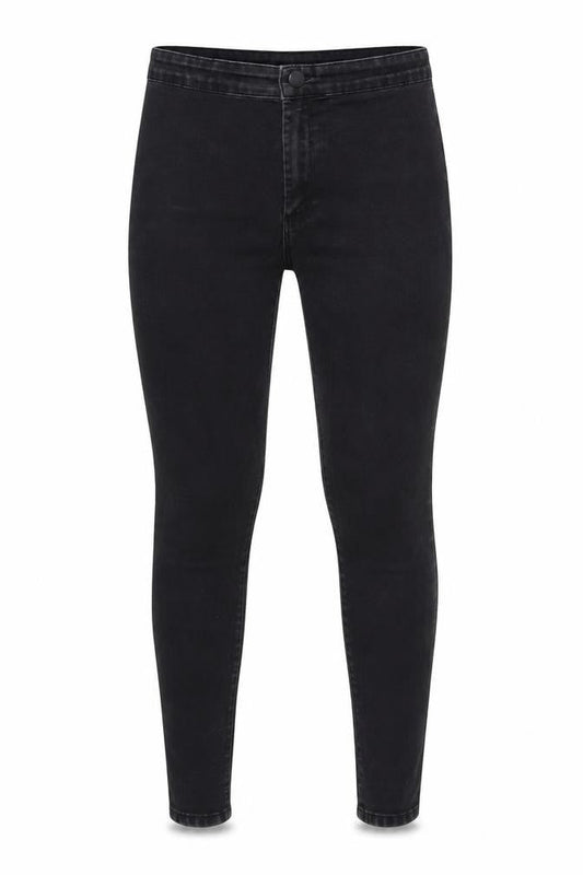 Front view of Denim & Co. women’s black denim skinny jeans, size UK 8, 26-inch leg
