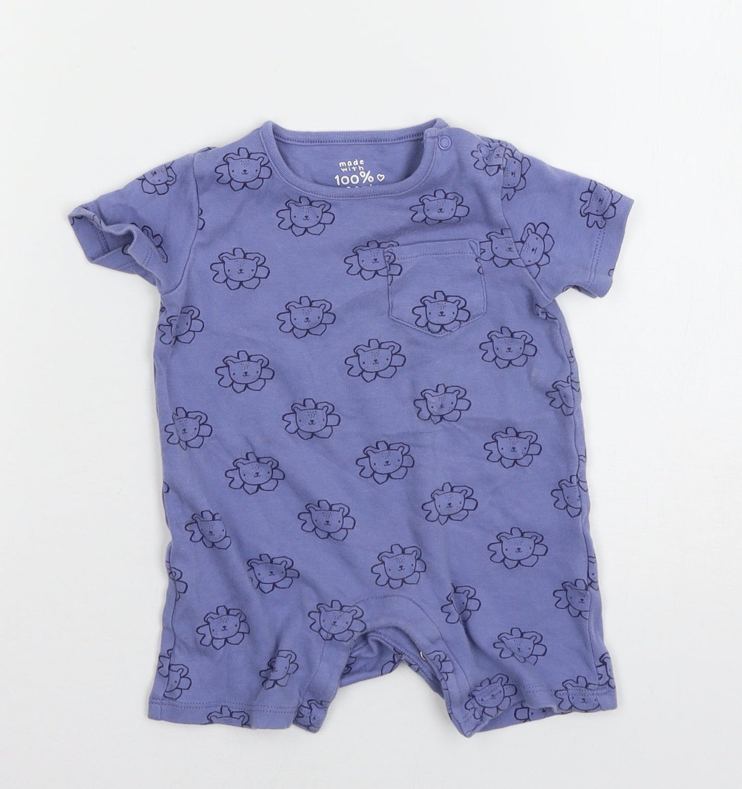 F&F Girls Blue Geometric Jersey Babygrow One-Piece Size 9-12 Months  - Lion