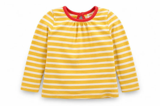 Front view of Mini Club girls’ yellow striped basic t-shirt, size 6-9, months