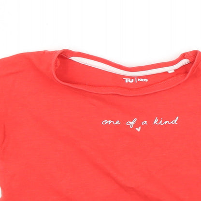 Close-up detail of Tu girls’ red basic t-shirt, size 2, years