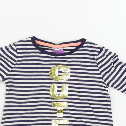 Close-up detail of F&F girls’ blue striped basic t-shirt, size 12-18, months
