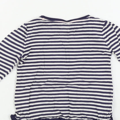 Brand and care label for F&F girls’ blue striped basic t-shirt, size 12-18, months