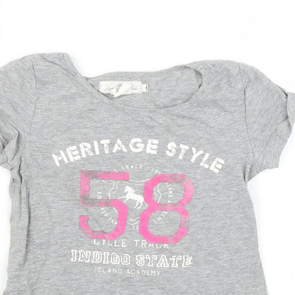 Close-up detail of H&M girls’ grey basic t-shirt, size 9-10, years - heritage state