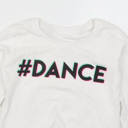 Close-up detail of Preworn girls’ white basic t-shirt, size 8, years - dance