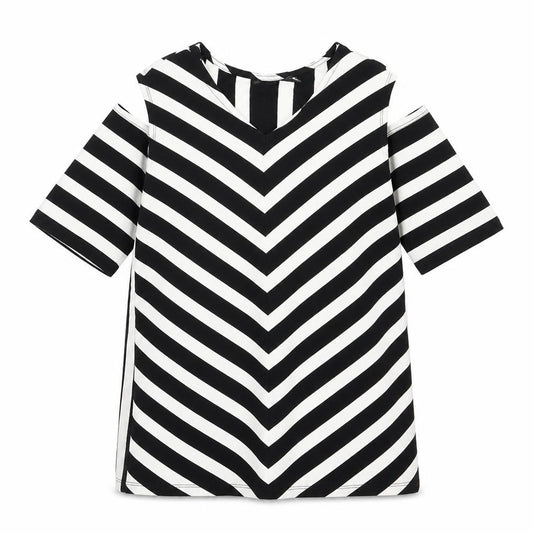 Susan Graver Womens Black Striped  Basic T-Shirt Size M