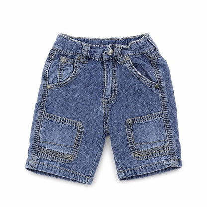 Front view of Pumpkin Patch boys’ blue colourblock cropped trousers, size 6-9, months