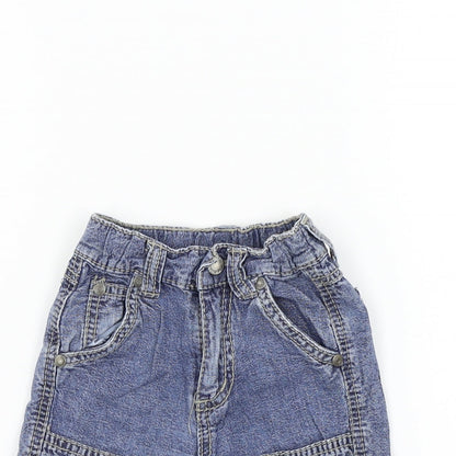Close-up detail of Pumpkin Patch boys’ blue colourblock cropped trousers, size 6-9, months