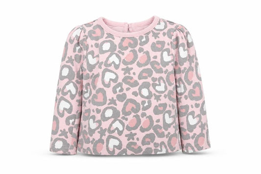 Front view of Studio girls’ pink camouflage jumper, size 9-12, months