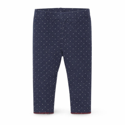 Front view of Nutmeg boys’ blue spotted jogger leggings, size 3-6, months