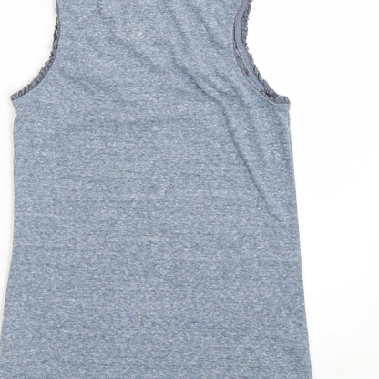 Brand and care label for Next girls’ blue basic tank, size 9, years