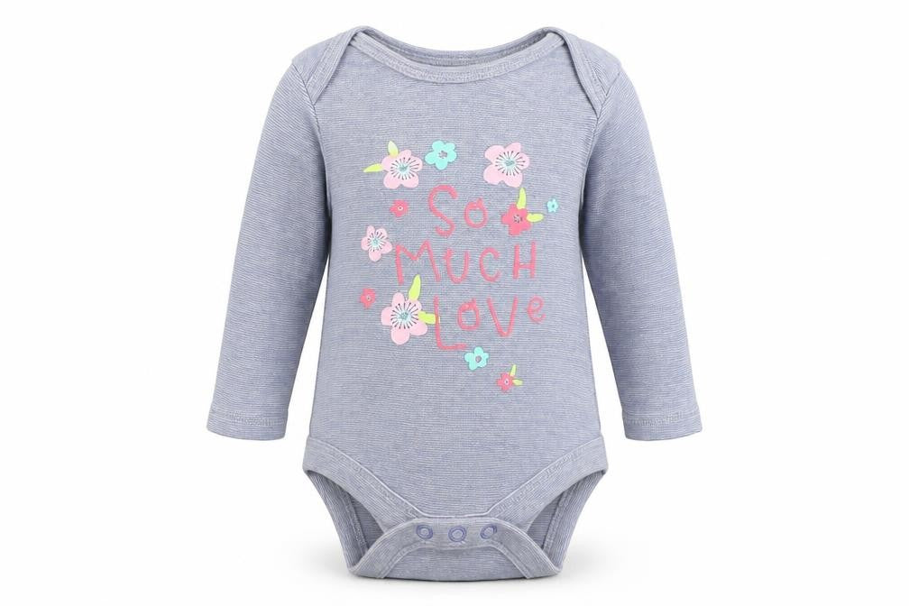 Front view of F&F girls’ blue babygrow one-piece, size 0-3, months