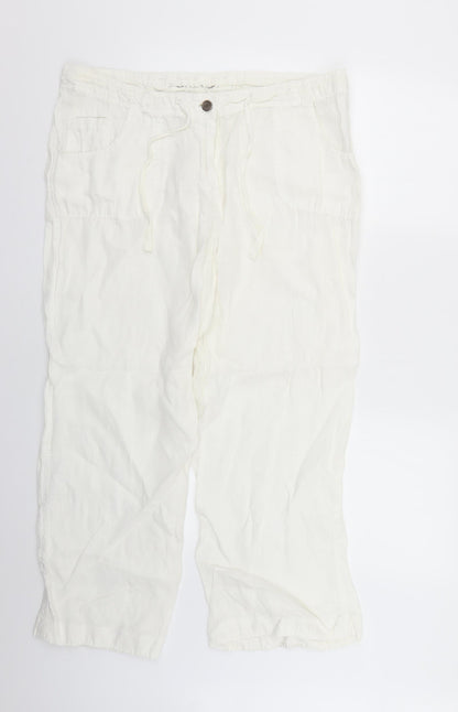 Front view of Denim & Co. women’s white trousers, size UK 16, 26-inch leg