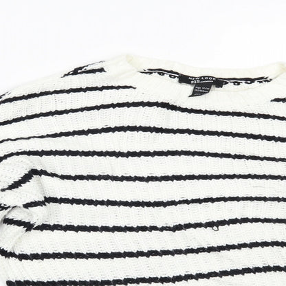 Preloved New Look Girls White Striped  Pullover Jumper Size 12-13 Years - Detail