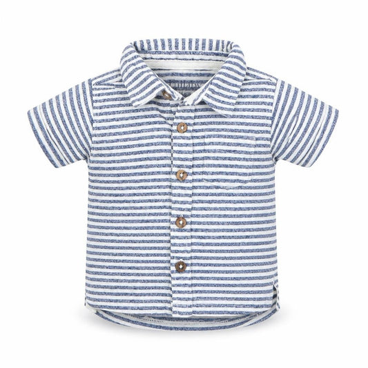 Front view of Peacocks boys’ white striped basic button-up, size 6-9, months