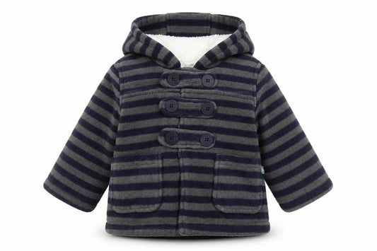 Front view of Debenhams boys’ blue striped pea coat coatigan, size 6-9, months