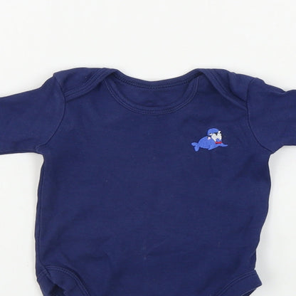 Close-up detail of Tu boys’ blue babygrow one-piece, size 0-3, months