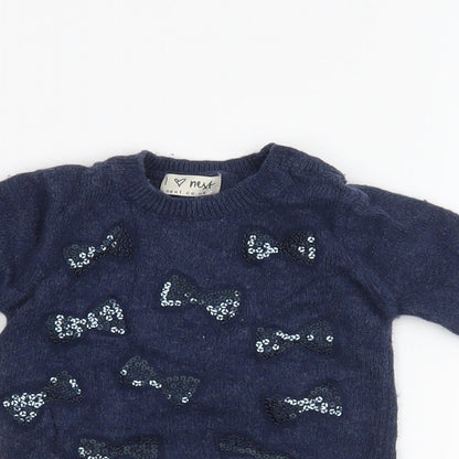 Close-up detail of Next girls’ blue jumper, size 6-9, months