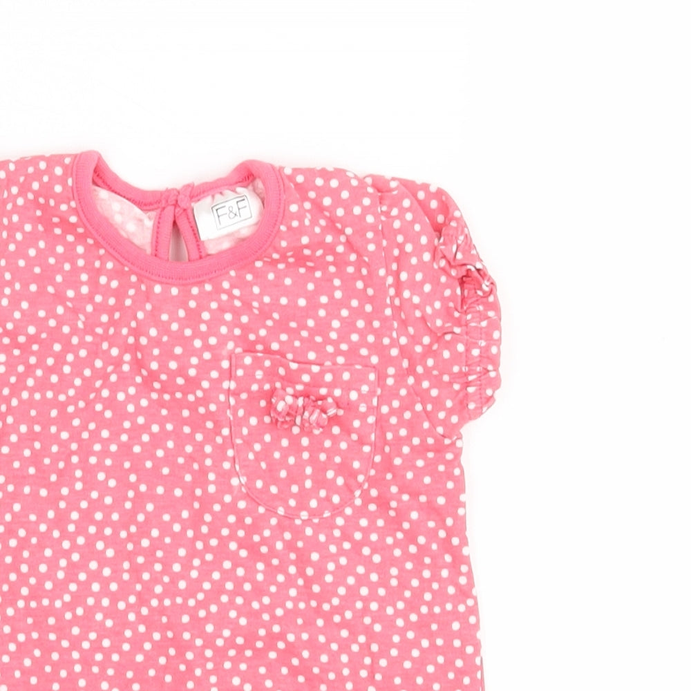 Close-up detail of F&F girls’ pink polka dot basic t-shirt, size 3-6, months