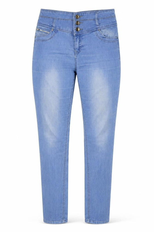Front view of Denim & Co. women’s blue denim skinny jeans, size UK 12, 30-inch leg