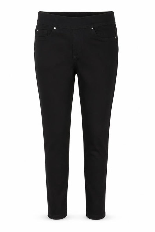 Front view of Denim & Co. women’s black denim skinny jeans, size UK 12, 27-inch leg