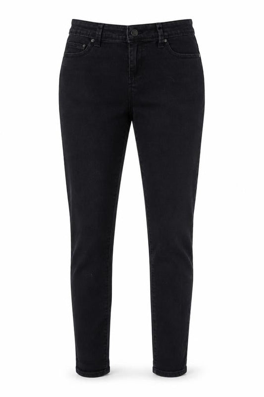 Front view of Denim & Co. women’s black denim skinny jeans, size UK 8, 27-inch leg