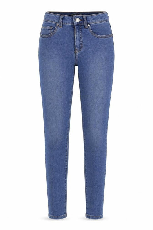 Front view of Denim & Co. women’s blue denim skinny jeans, size UK 8, 28-inch leg