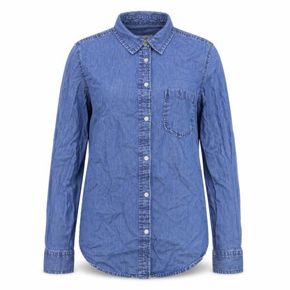 Front view of Denim & Co. women’s blue denim basic button-up, size UK 8