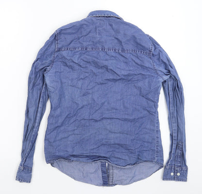 Back view of Denim & Co. women’s blue denim basic button-up, size UK 8