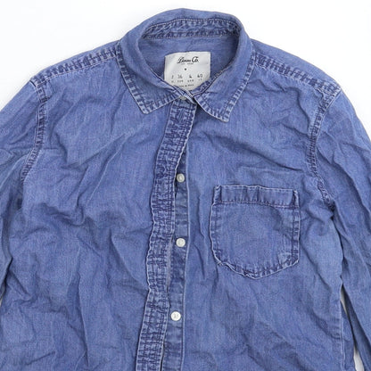 Close-up detail of Denim & Co. women’s blue denim basic button-up, size UK 8