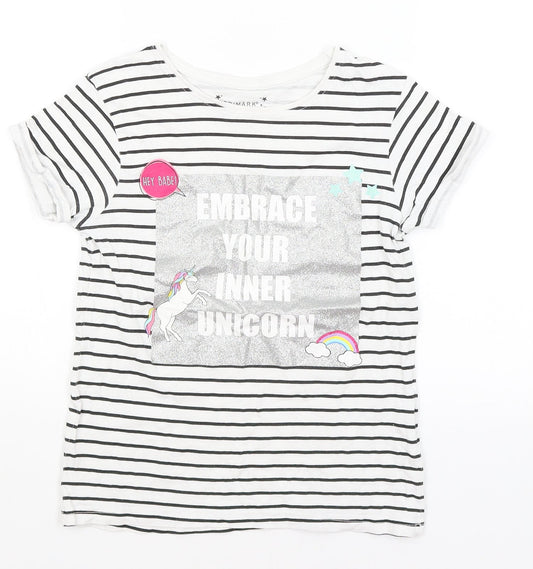 Primark Girls White Striped  Basic T-Shirt Size 9-10 Years  - Embrace Your Inner Unicorn