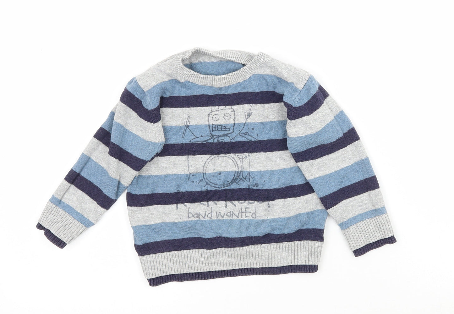Preworn Boys Blue Striped Knit Pullover Jumper Size 9-12 Months  - Rock Band