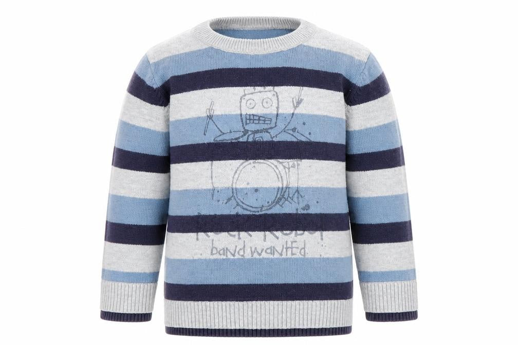 Preworn Boys Blue Striped Knit Pullover Jumper Size 9-12 Months  - Rock Band