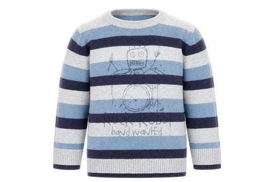 Front view of Preworn boys’ blue striped knit jumper, size 9-12, months - rock band