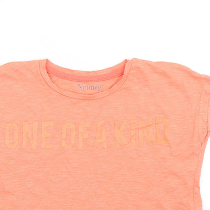 Close-up detail of Nutmeg girls’ orange basic t-shirt, size 9-10, years