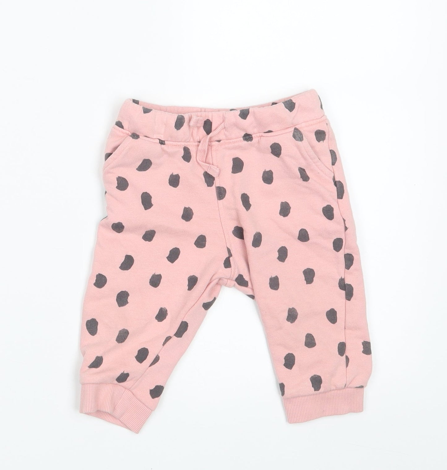 M&S Girls Pink Polka Dot  Jogger Trousers Size 6-9 Months  - Waist 18in; Inside leg 7in