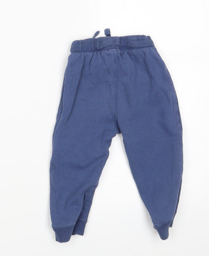 Back view of Urban Adventure boys’ blue jogger trousers, size 12-18, months - waist 16in; inside leg 10in