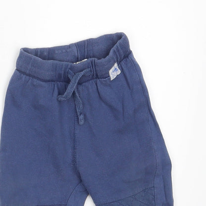 Close-up detail of Urban Adventure boys’ blue jogger trousers, size 12-18, months - waist 16in; inside leg 10in