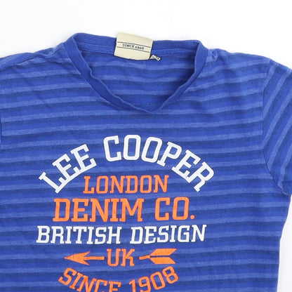 Close-up detail of Lee Cooper boys’ blue striped basic t-shirt, size 7-8, years