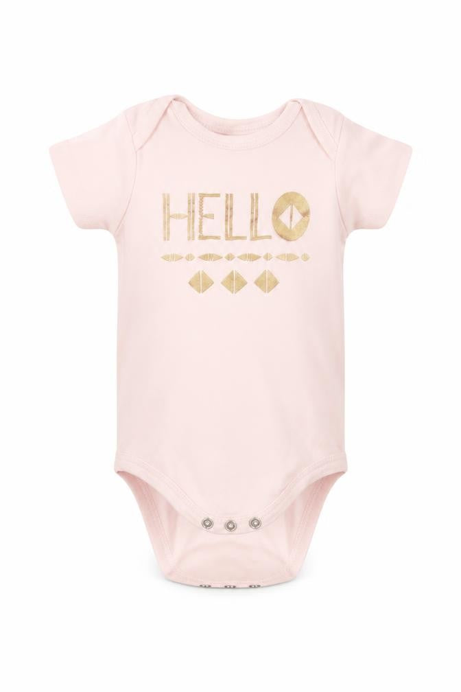 Front view of chick pea girls’ pink babygrow one-piece, size 3-6, months