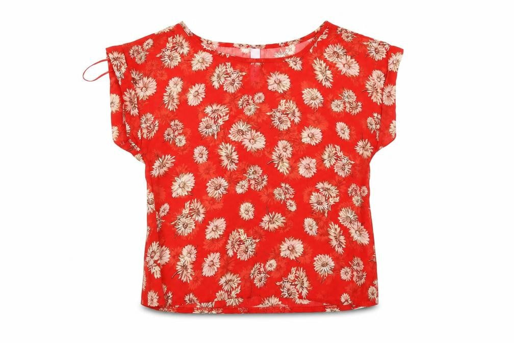Miss Moda Womens Red Floral  Basic T-Shirt Size S