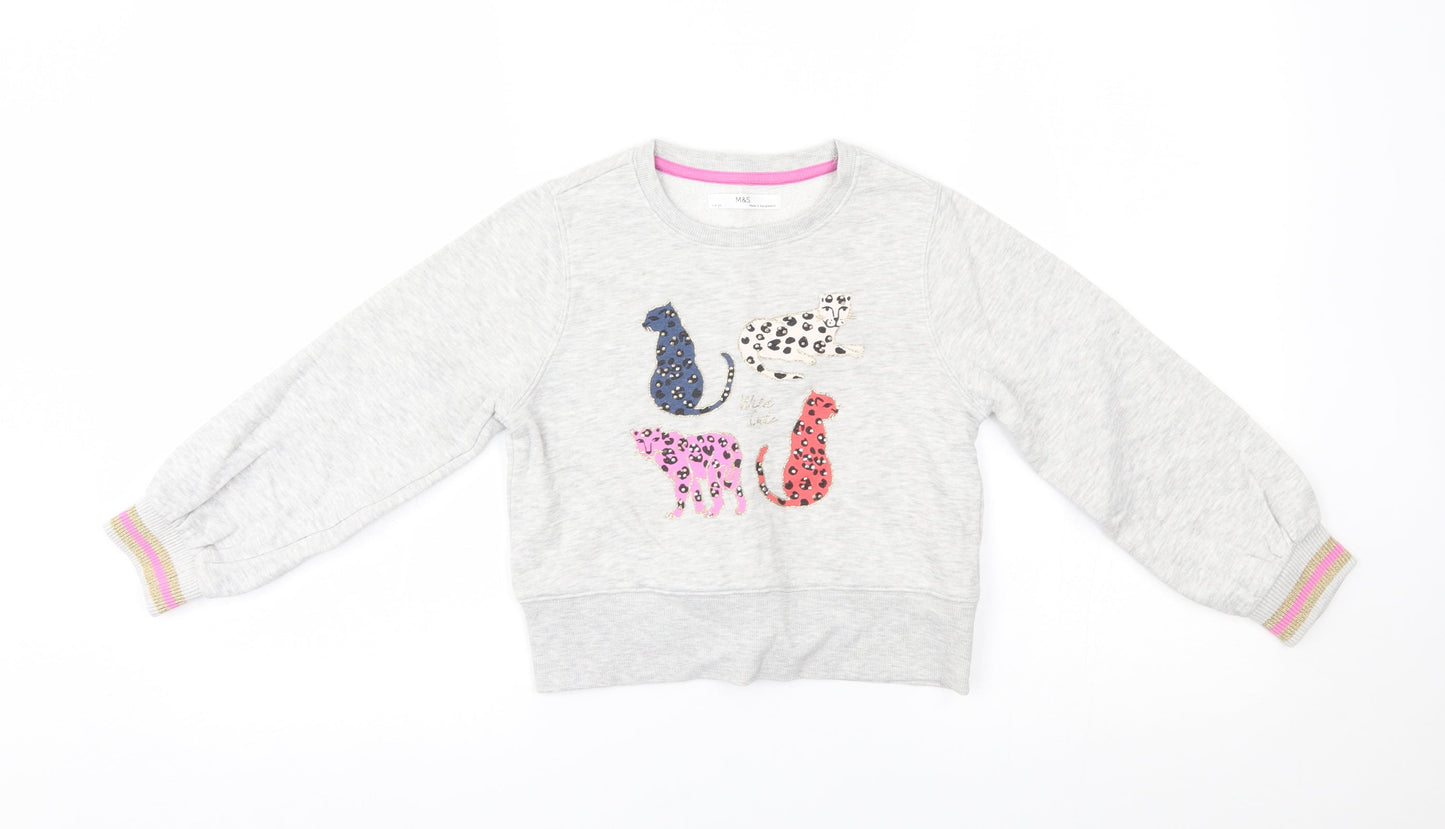 M&S Girls Grey   Pullover Jumper Size 7-8 Years  - wild cats