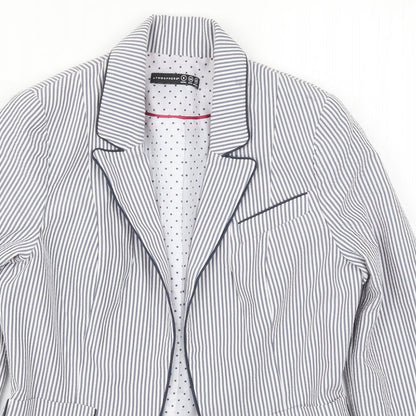 Close-up detail of Atmosphere women’s blue striped jacket blazer, size UK 6